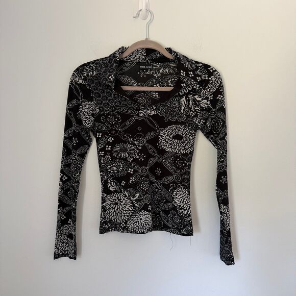 Wet Seal Tops - VTG Wet Seal Y2K Floral Patchwork Print Mesh Long Sleeve Top Shirt Black White S